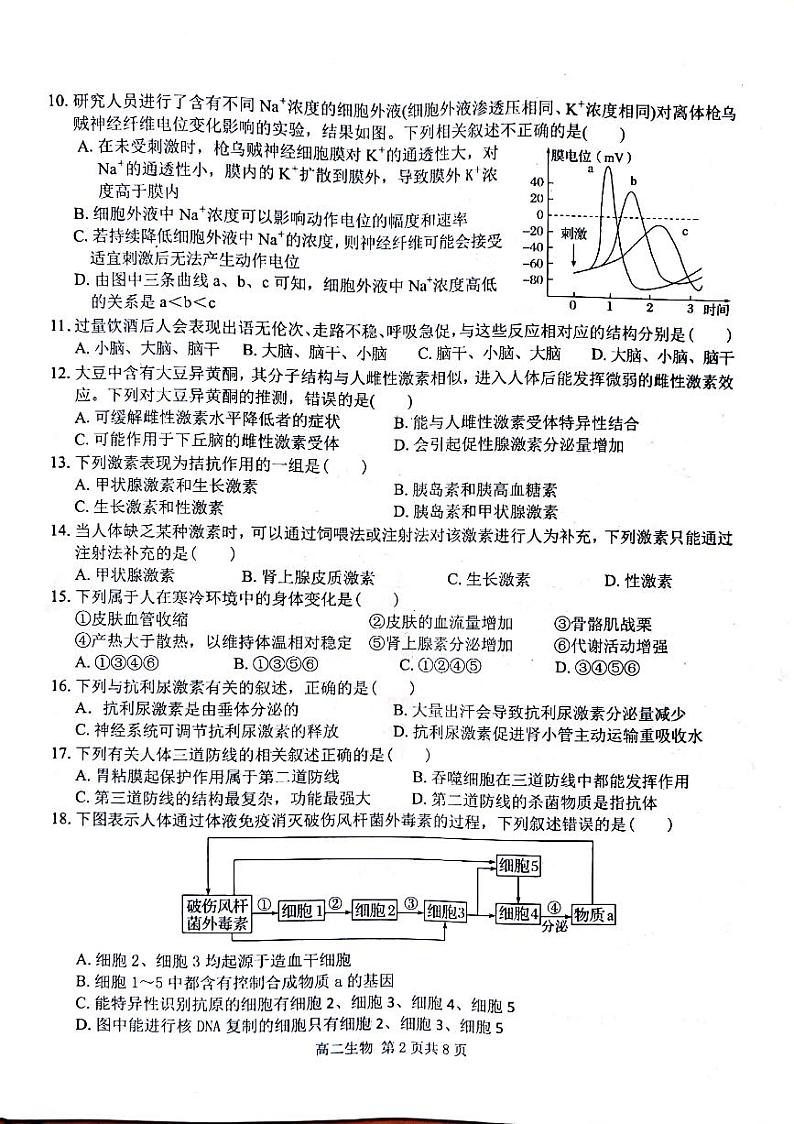 2021安徽师大附中高二上学期期中考查生物试题扫描版含答案第2页