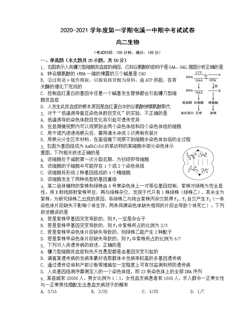 2021黄山屯溪一中高二上学期期中考试生物试题含答案01