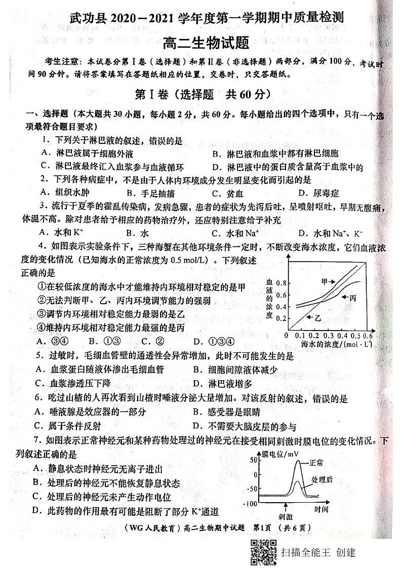 2021咸阳武功县高二上学期期中考试生物试题扫描版含答案01