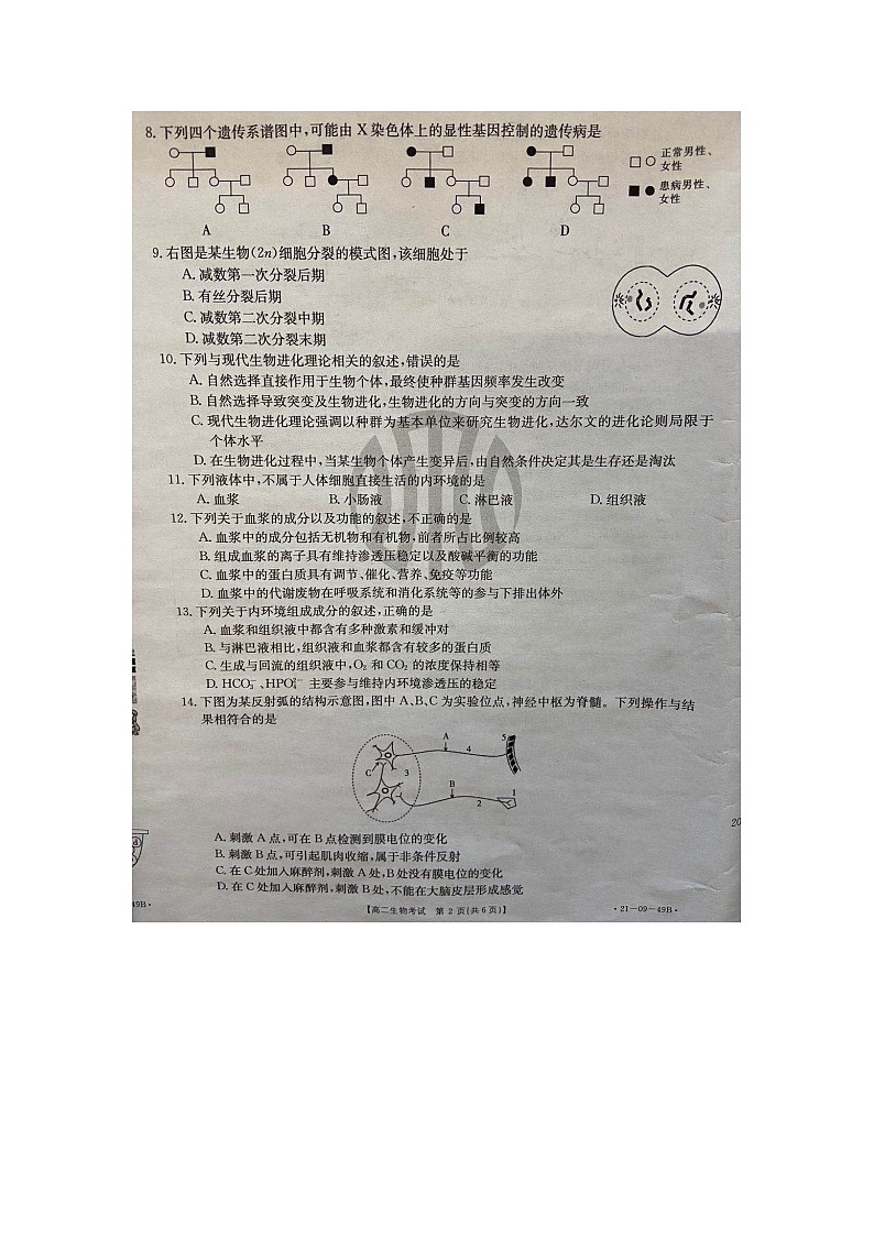 2021呼和浩特和林县和林一中高二上学期第一次月考生物试题扫描版含答案02