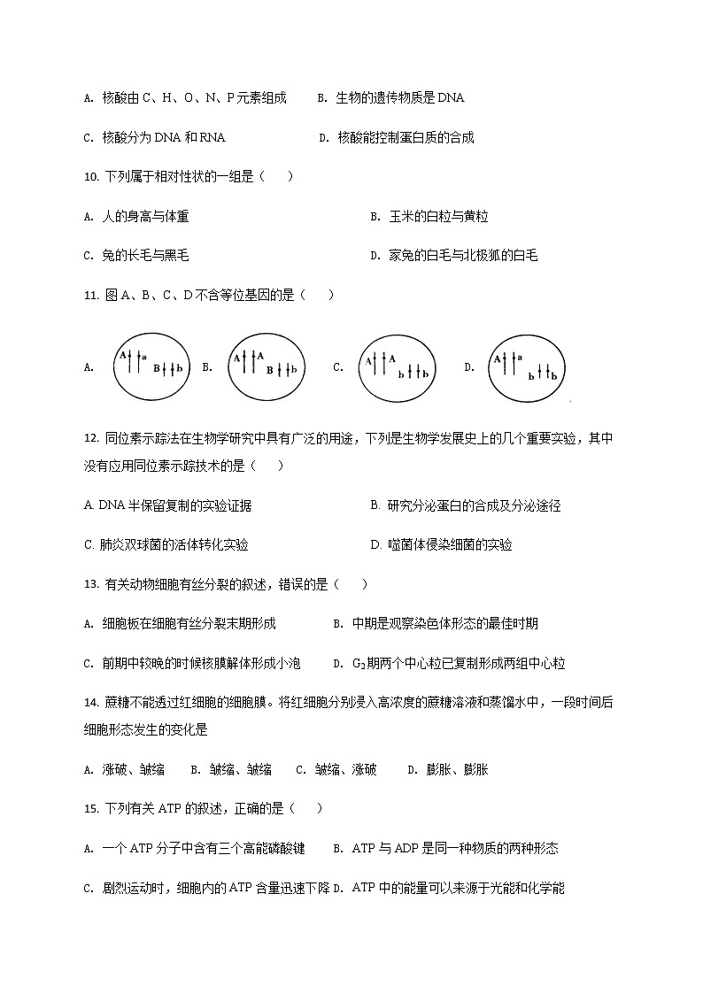 2021杭州塘栖中学高二10月限时问卷生物试题含答案第2页