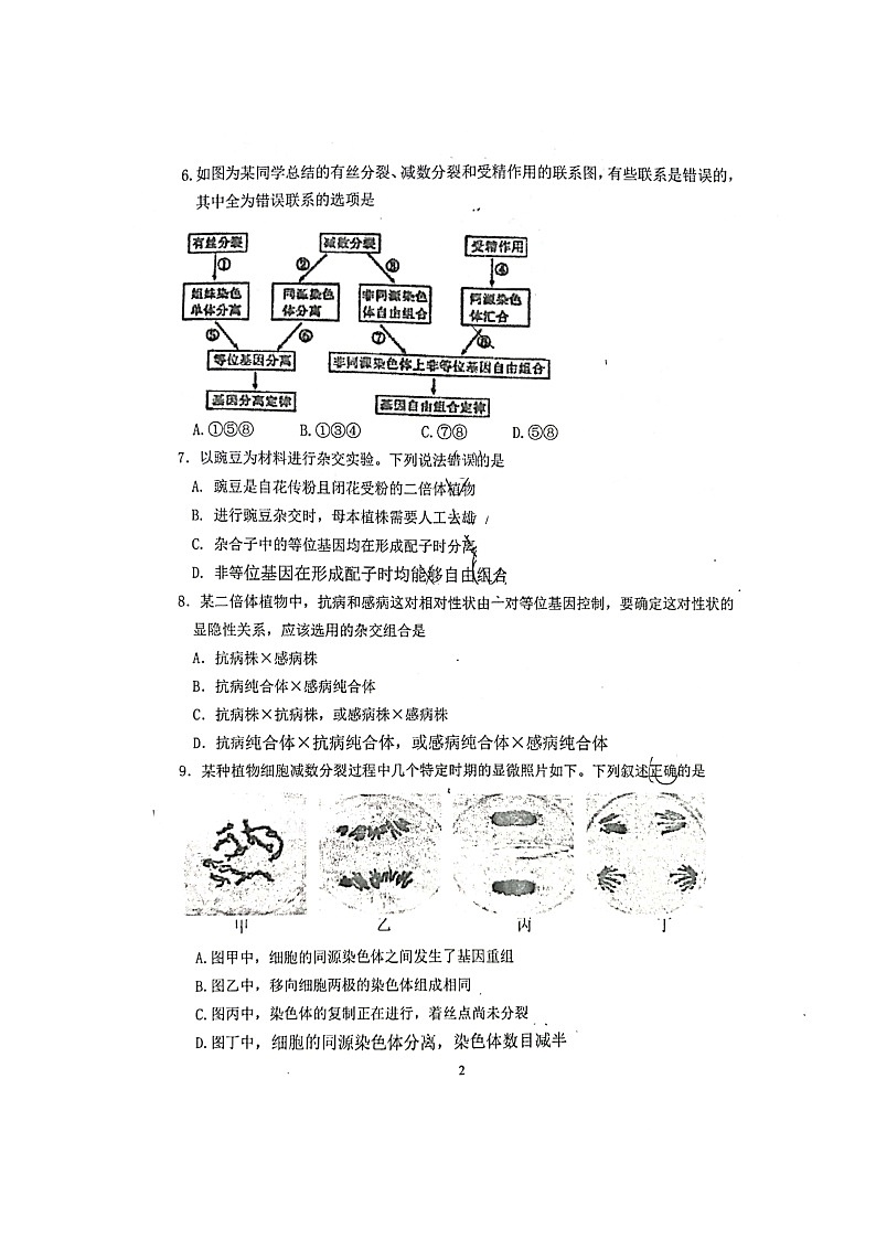 2021厦门一中高二上学期分班摸底考试生物试题扫描版含答案第2页