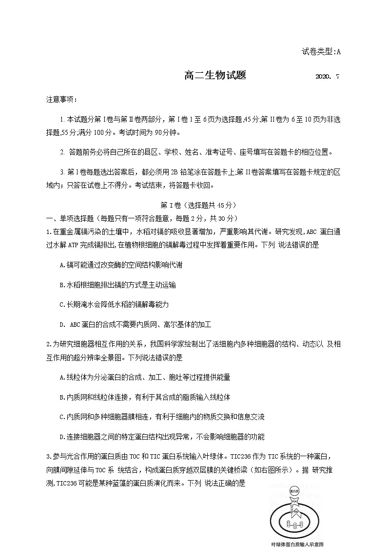2020滨州高二下学期期末考试生物试题含答案01