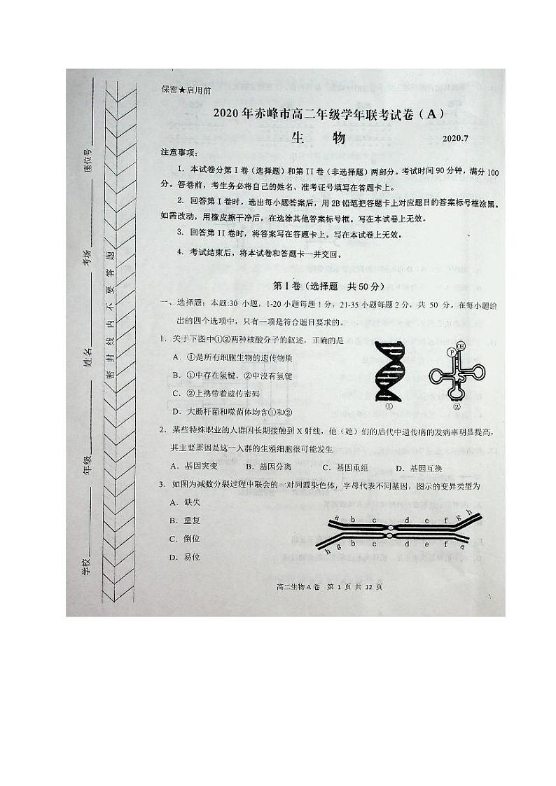 2020赤峰高二下学期期末联考（A卷）生物试题扫描版含答案01
