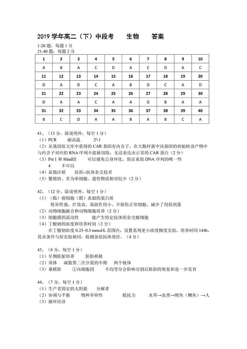 2019学年高二下中段考生物答案第1页
