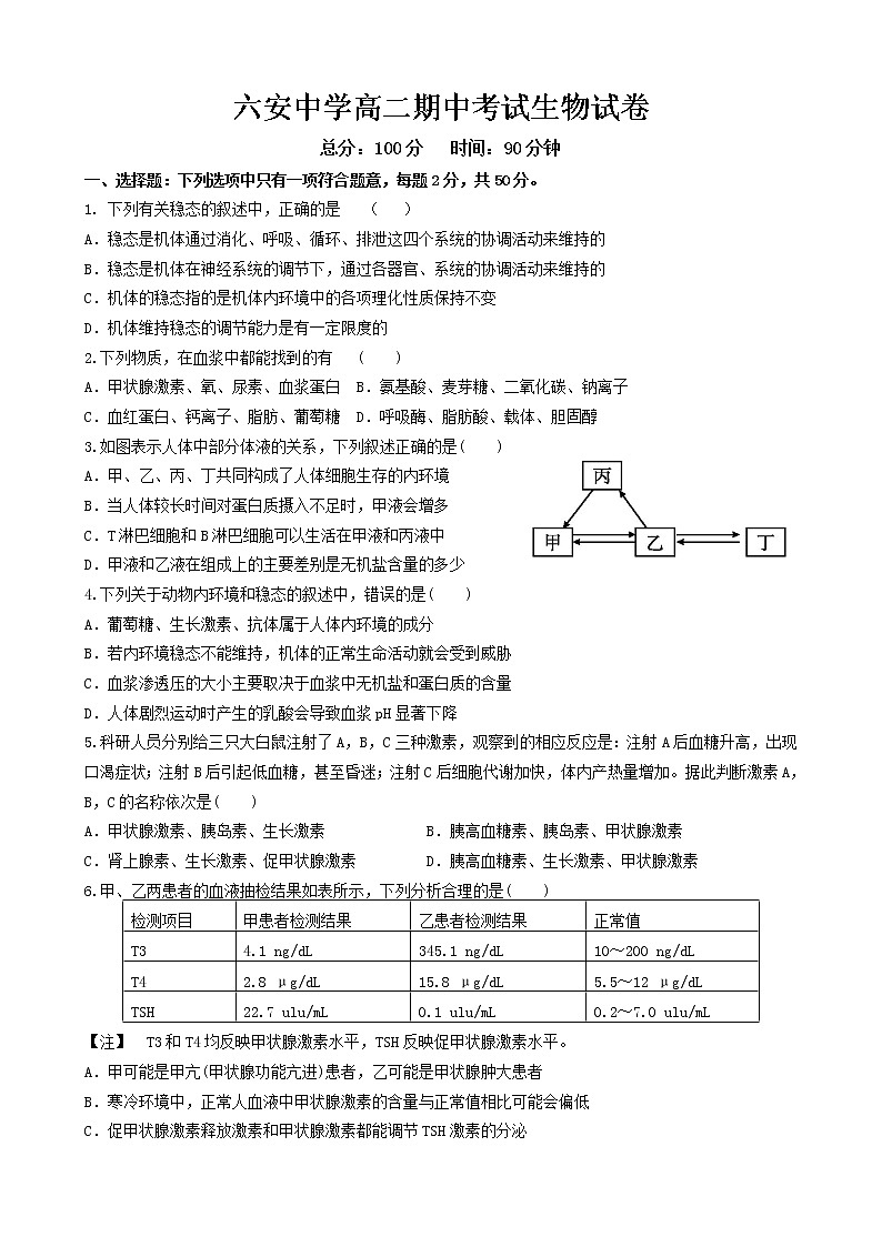 2020六安中学高二下学期期中考试生物试题含答案第1页