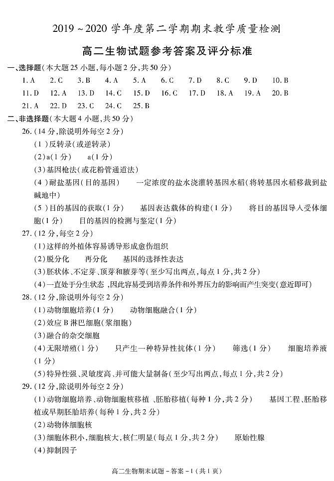 2020咸阳高二下学期期末生物试题图片版含答案01