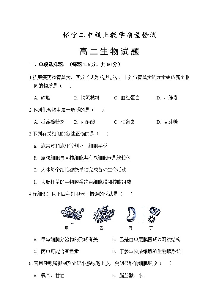 2020安庆怀宁县二中高二下学期期中线上检测生物试题含答案01