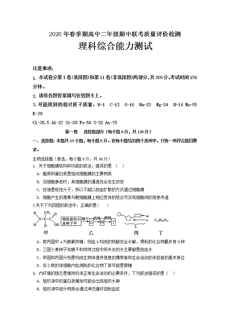 2020北流实验中学高二下学期期中考试理科综合生物试题含答案第1页