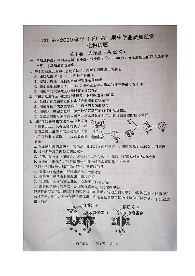 2020南通通州区高二下学期期中生物试题扫描版含答案01