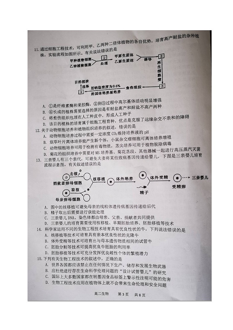 2020南通通州区高二下学期期中生物试题扫描版含答案03