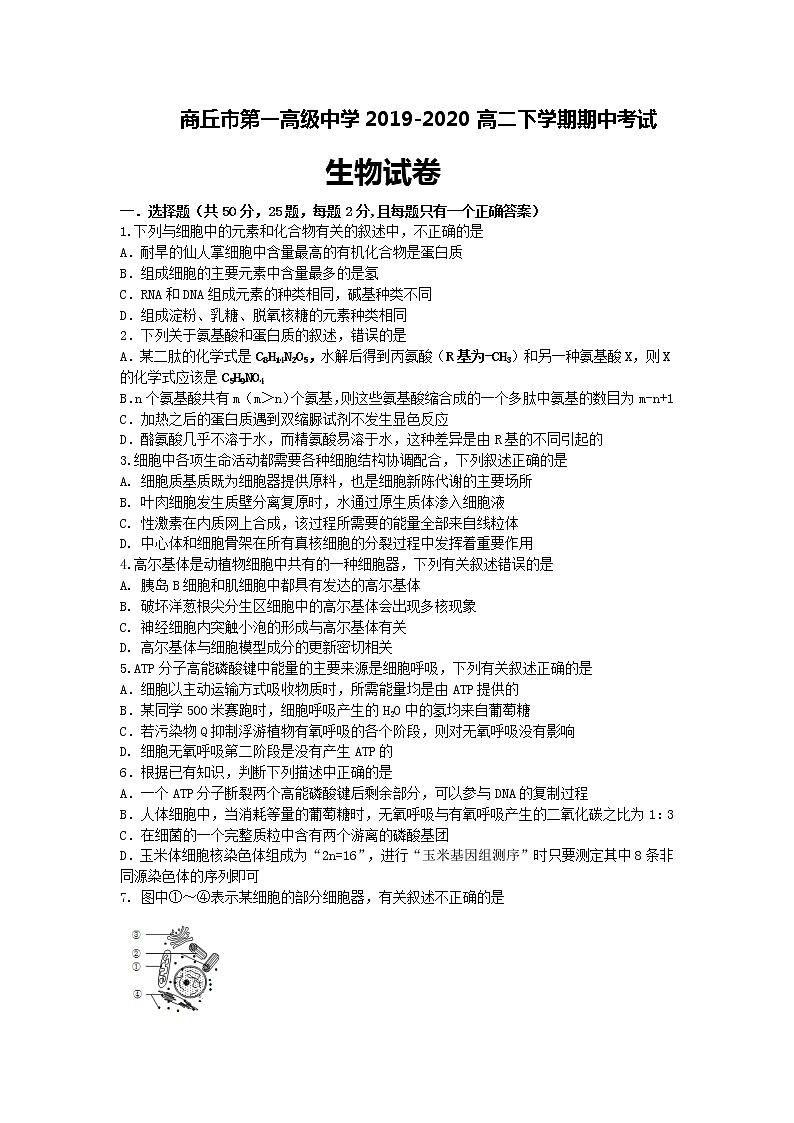 2020商丘一中高二下学期期中考试生物试题含答案01