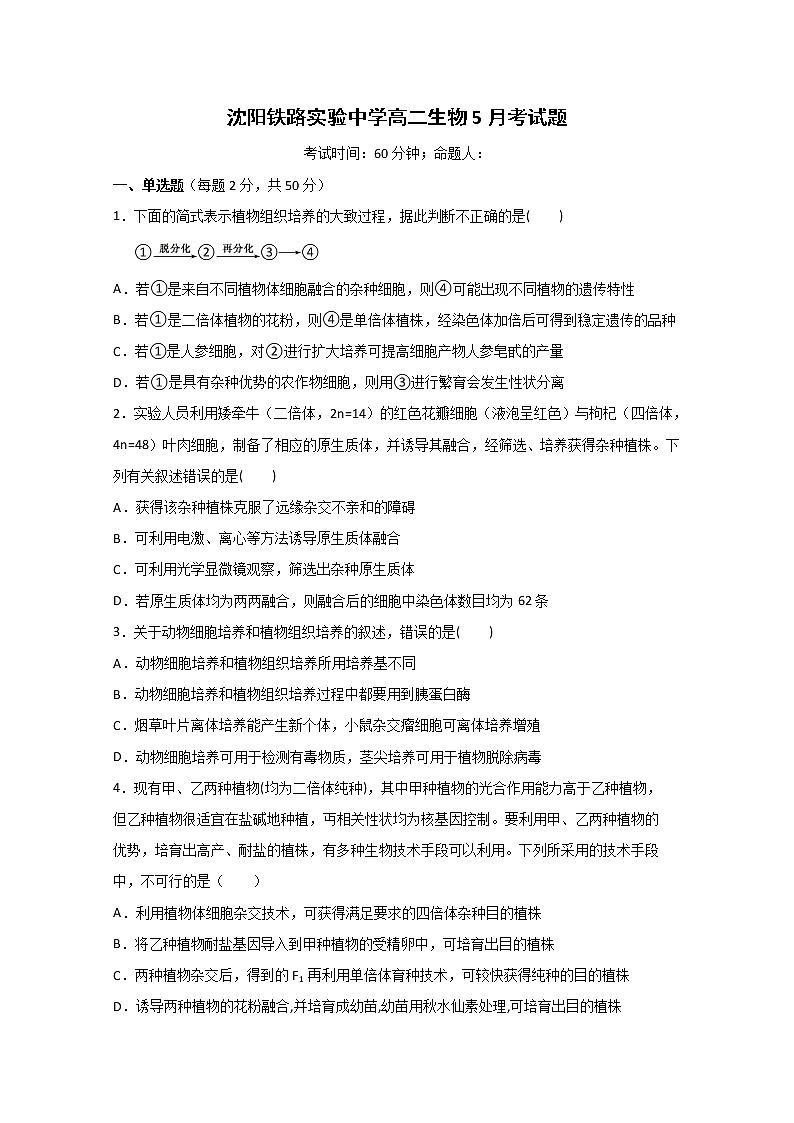 2020沈阳铁路实验中学高二下学期期中考试生物试题含答案第1页