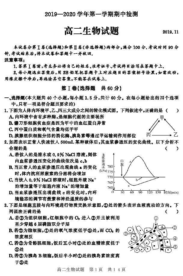 2020济宁兖州区高二上学期期中检测生物试题PDF版含答案01