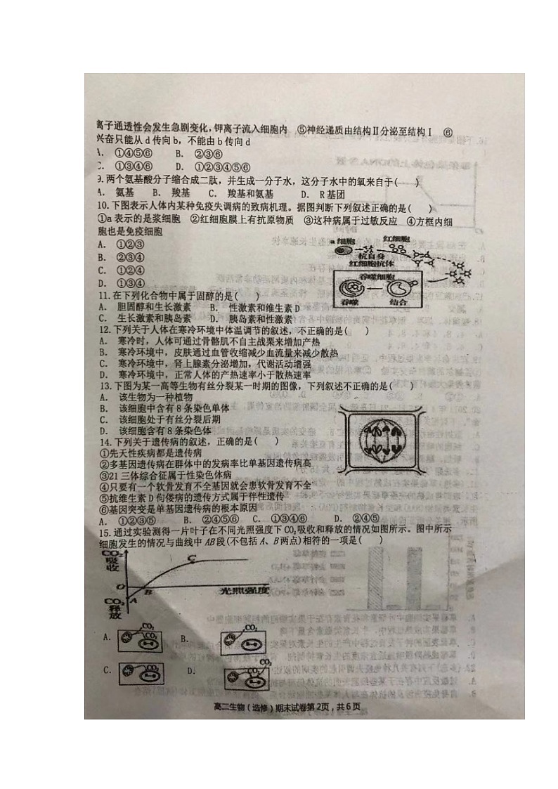 2020射阳县高二上学期期末考试生物（选修）试题扫描版缺答案第2页