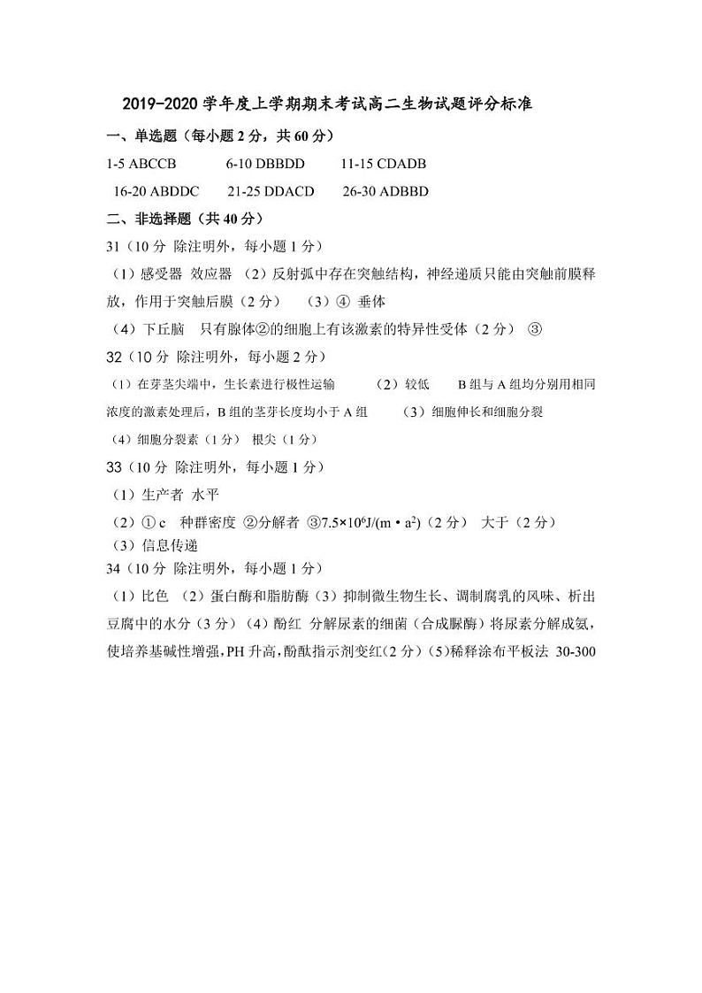 [首发]辽宁省抚顺市六校协作体2019-2020学年高二上学期期末考试生物答案（PDF版）第1页