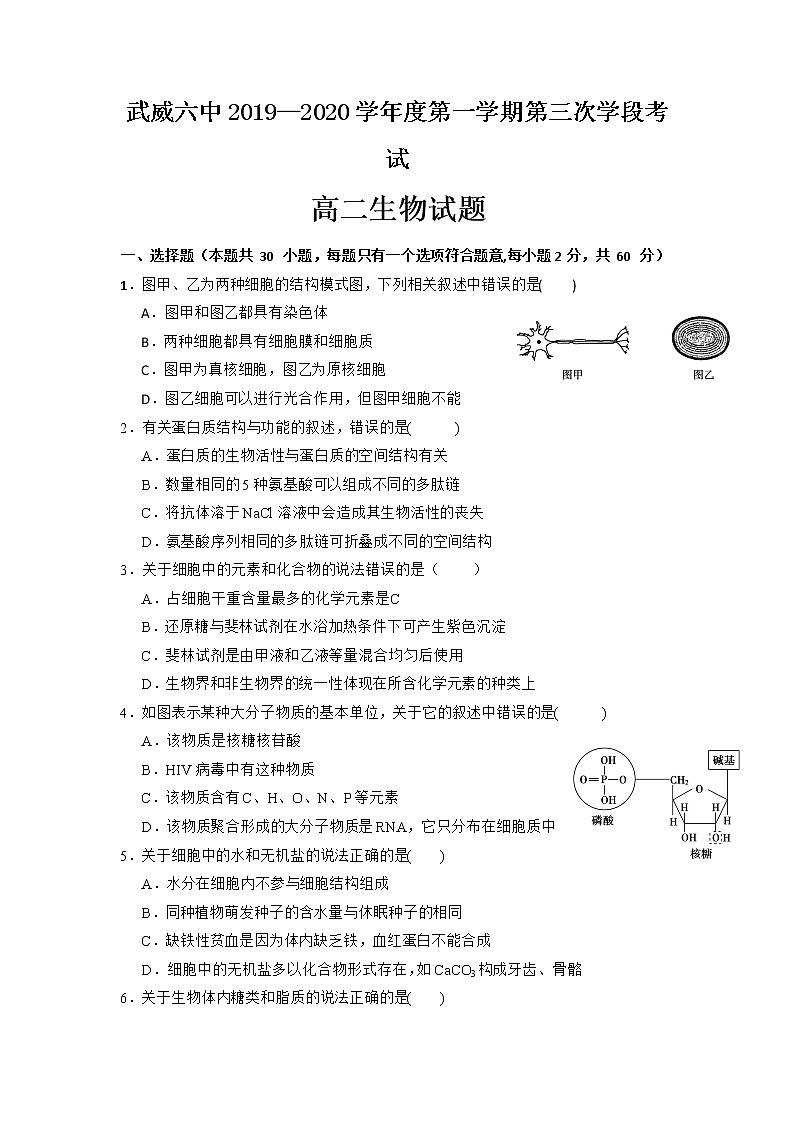 2020武威六中高二上学期第三次学段考试生物试题含答案第1页