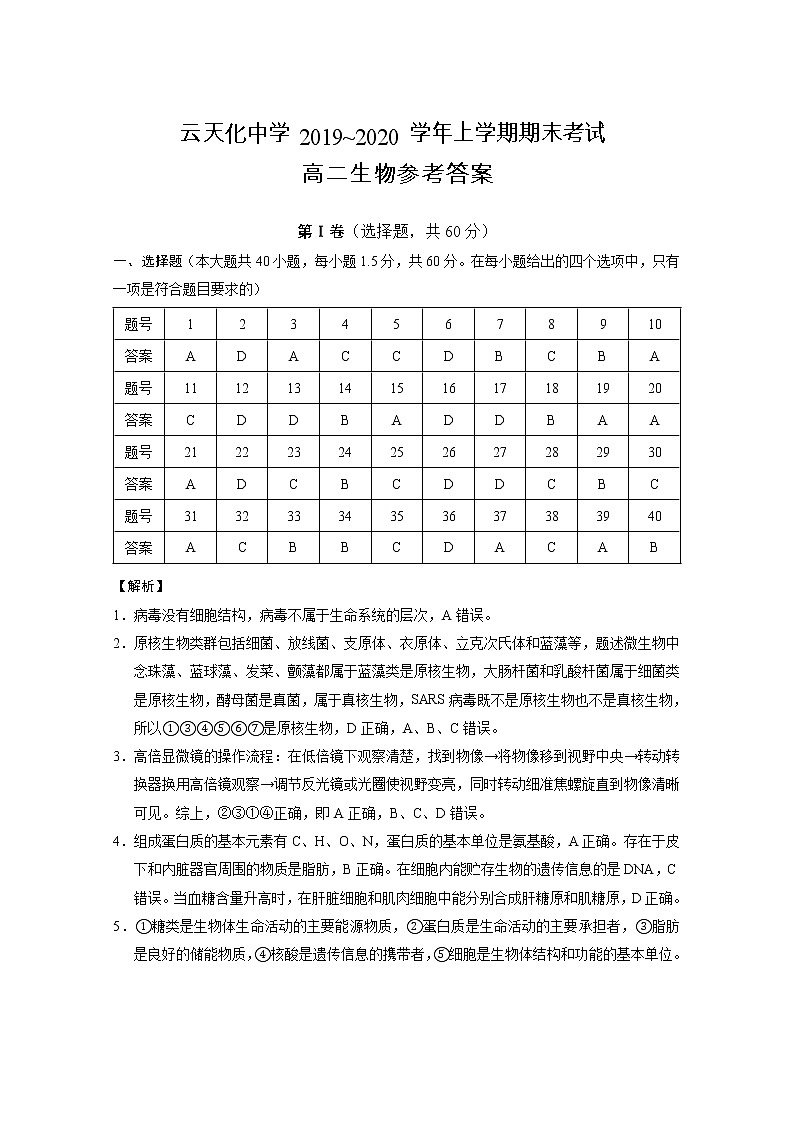 云天化中学2019~2020学年上学期期末考试高二生物-答案第1页
