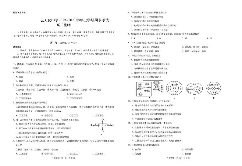 云天化中学2019~2020学年上学期期末考试高二生物-试卷第1页