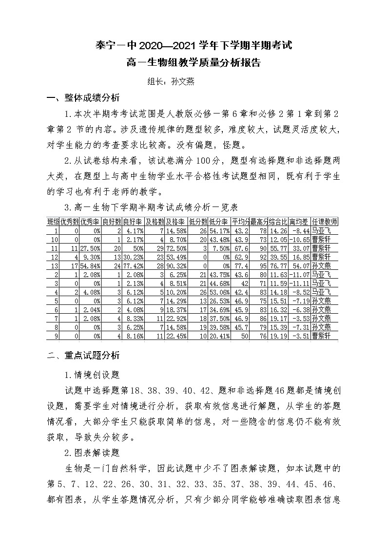 泰宁一中2020—2021学年下学期半期考试高一（ 生物 ）组教学质量分析报告第1页