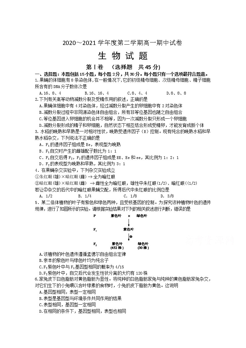 2021徐州邳州运河中学高一下学期期中考试生物试卷（普通班）含答案01