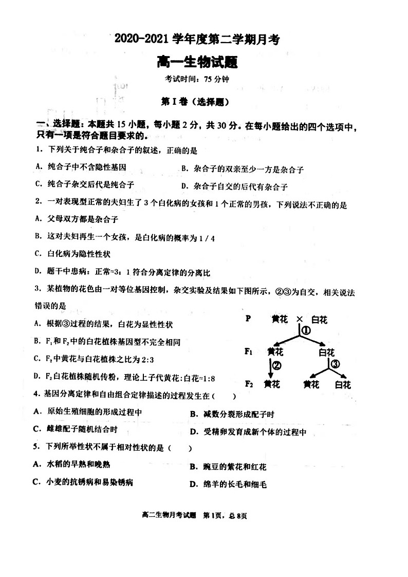 辽宁省锦州市辽西育明高级中学2020-2021学年高一下学期第一次月考生物试题（图片版，无答案）第1页