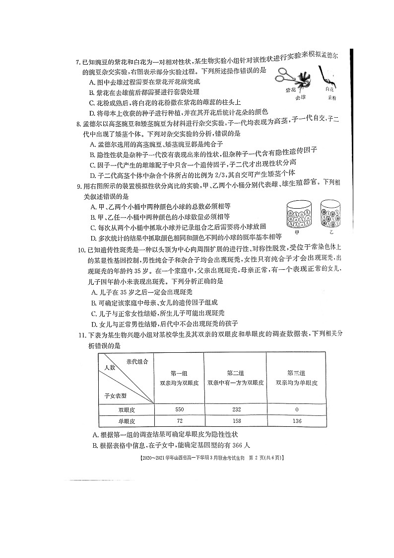 山西省2020-2021学年高一下学期3月联合考试生物试题第2页