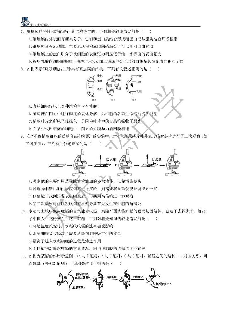 2021省大庆实验中学高一上学期第一次线上教学质量检测（1月底）生物PDF版含答案（可编辑）02