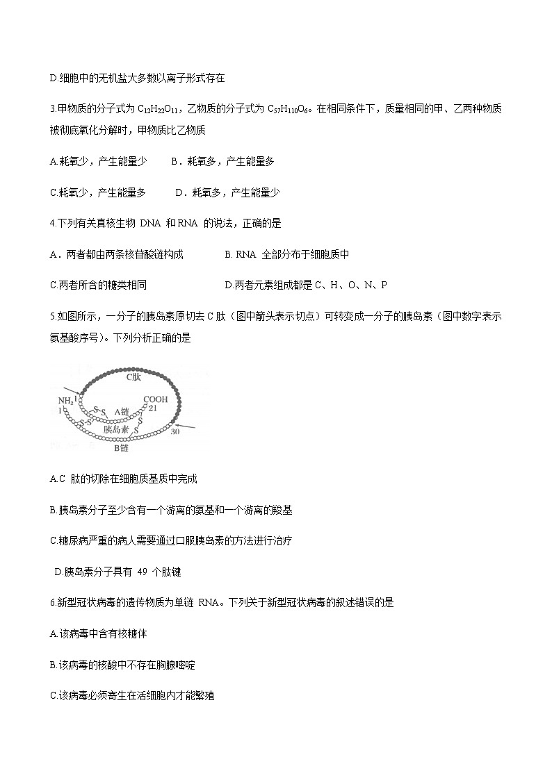 2021常州高一上学期期末学业水平监测生物试题含答案第2页