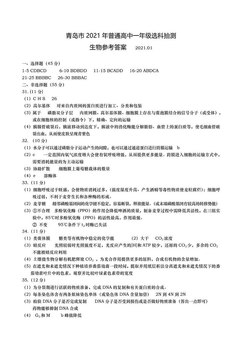 青岛市2021年高中一年级选科测试生物参考答案第1页