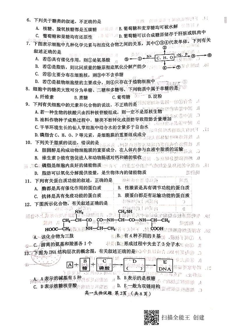 2021三明高一上学期期末考试生物试题（图片版）扫描版含答案第2页
