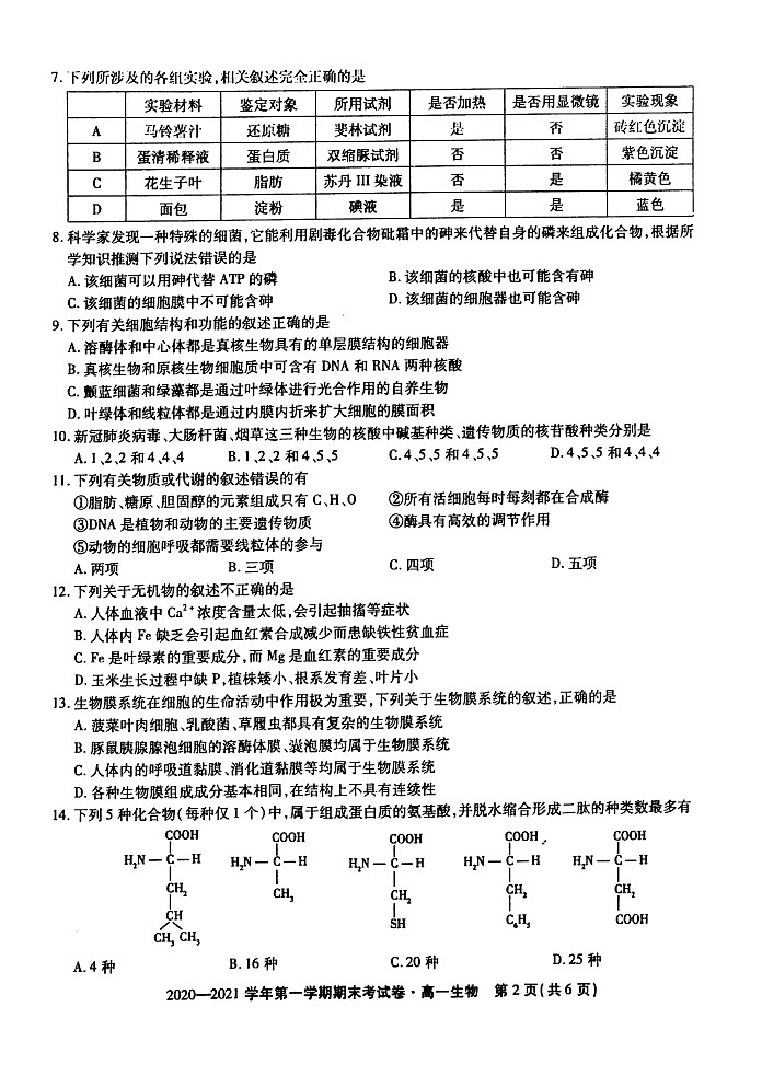 2021池州度（上）高一年级期末考试生物PDF版含答案02