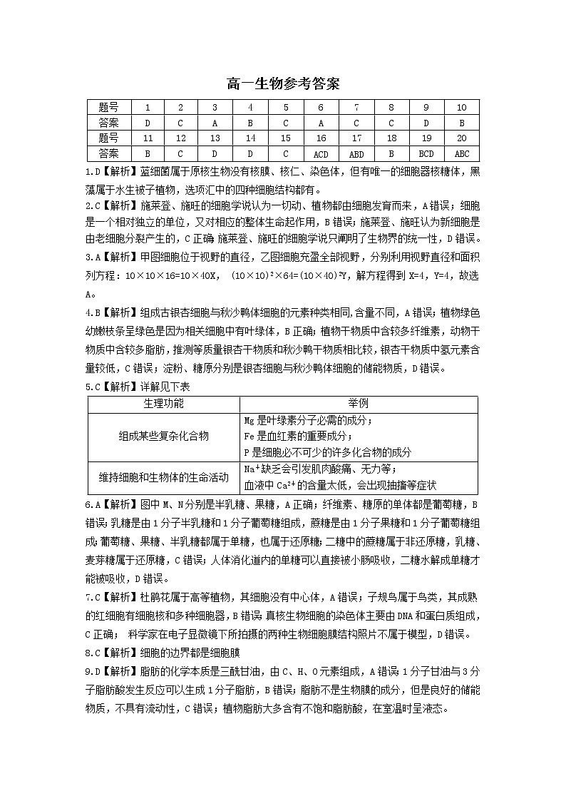2020湖南省三湘名校教育联盟-高一上学期期中考试生物PDF版含答案01