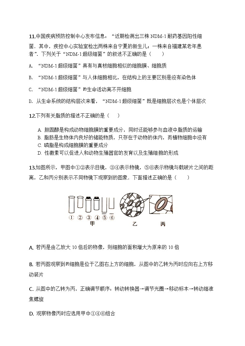 2021山东省新泰一中老校区高一上学期第一次月考生物试题含答案03