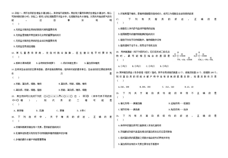 2020黄冈黄梅国际育才高级中学高一上学期期中考试生物试题含答案02