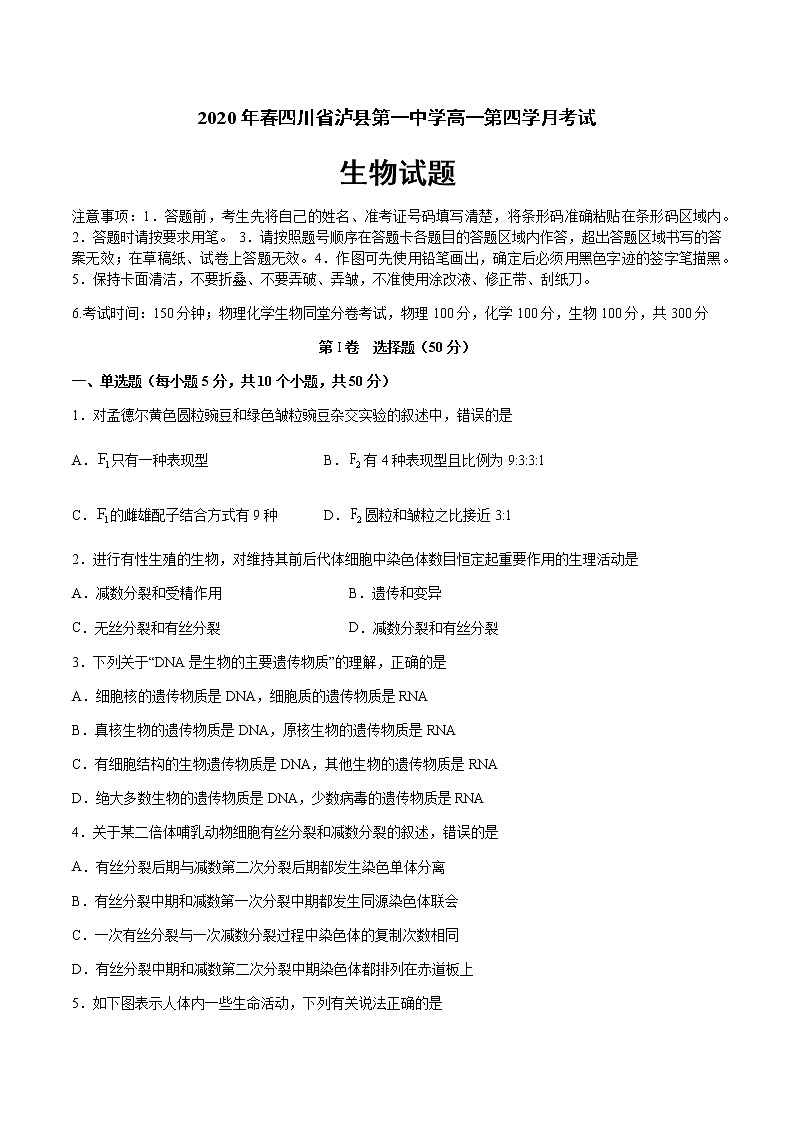 2020泸县一中高一下学期第四学月考试生物试题含答案第1页