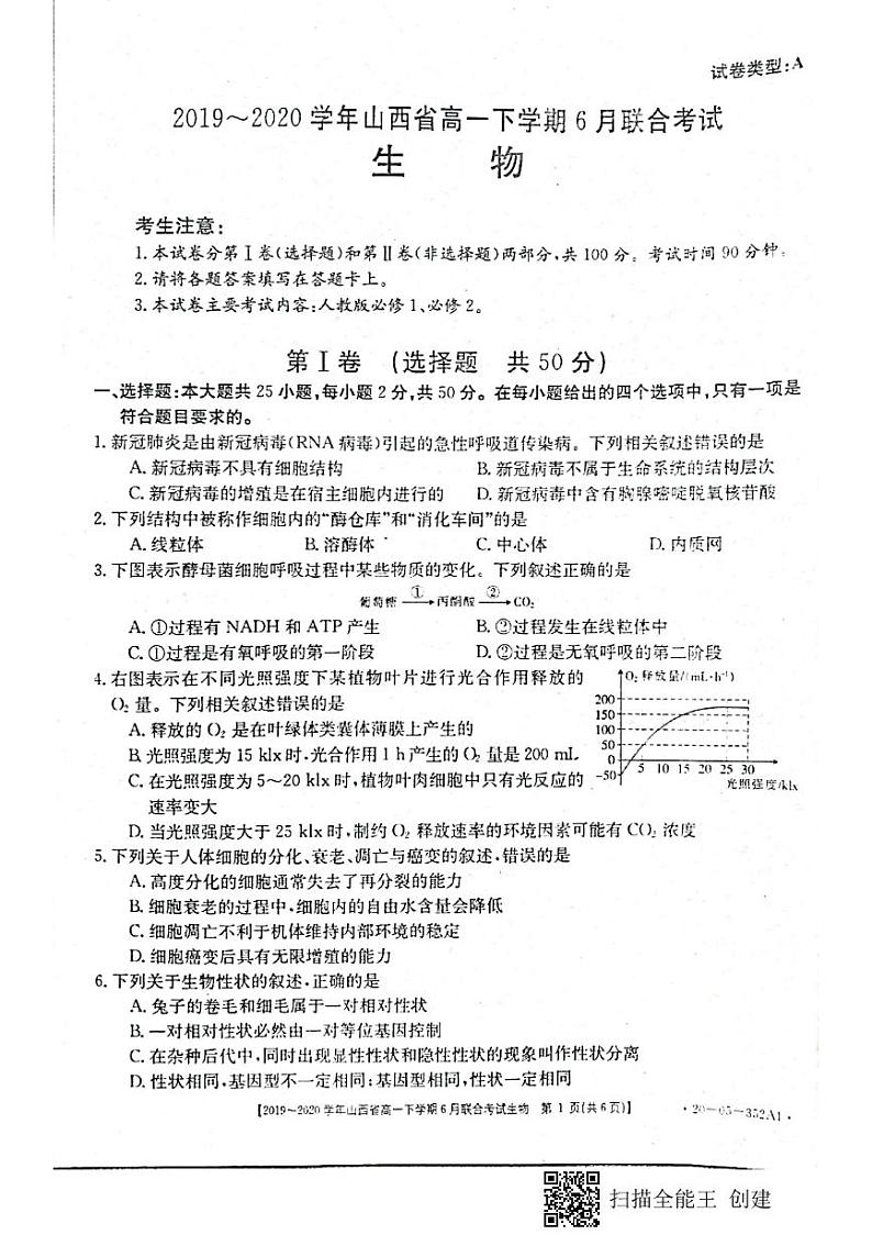 山西省2019-2020学年高一6月联合考试生物试题（扫描版）第1页