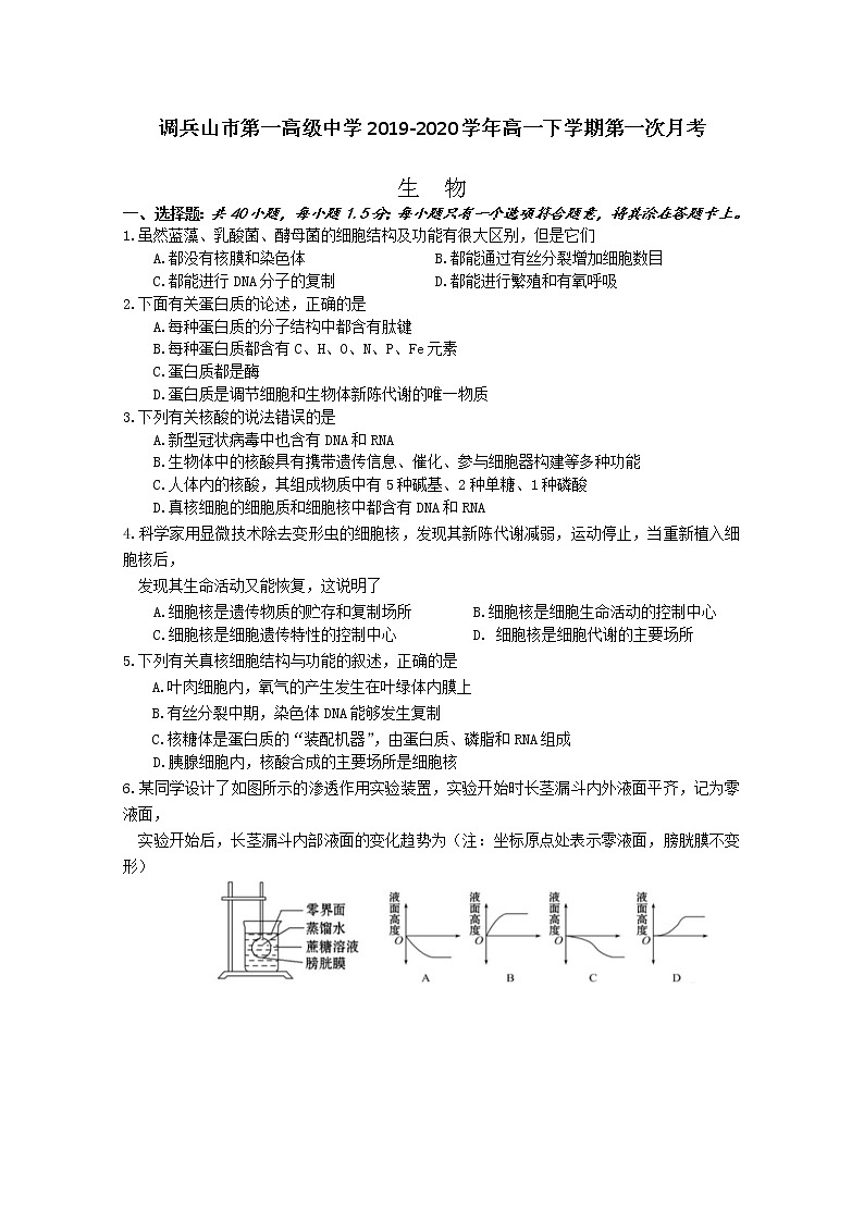 2020铁岭调兵山一中高一下学期第一次月考生物试题含答案第1页
