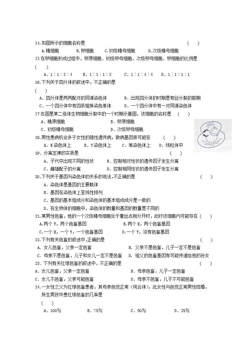 2020通化通化县综合高级中学高一下学期期中考试生物试题含答案03