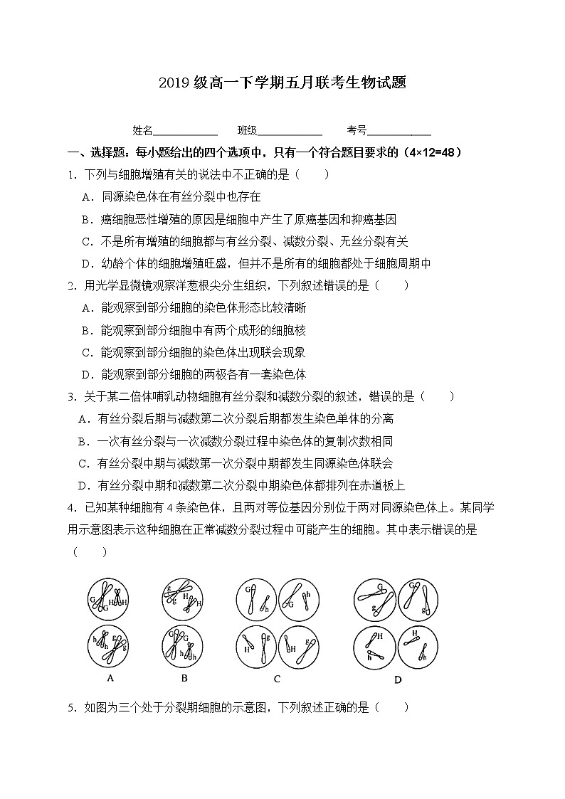 2020四川省仁寿二中、华兴中学高一5月联考（期中）生物试题含答案第1页