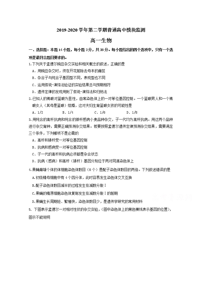 2020潍坊五县高一下学期期中考试生物试题含答案01
