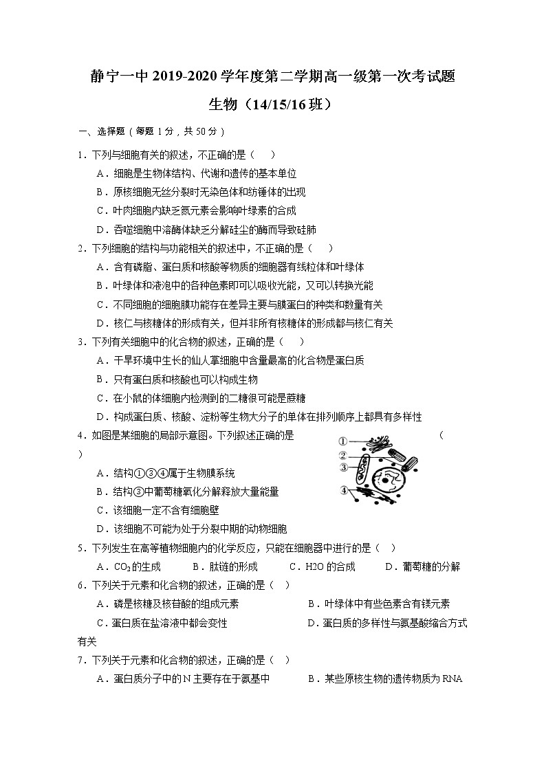2020静宁县一中高一下学期第一次月考生物试题含答案第1页
