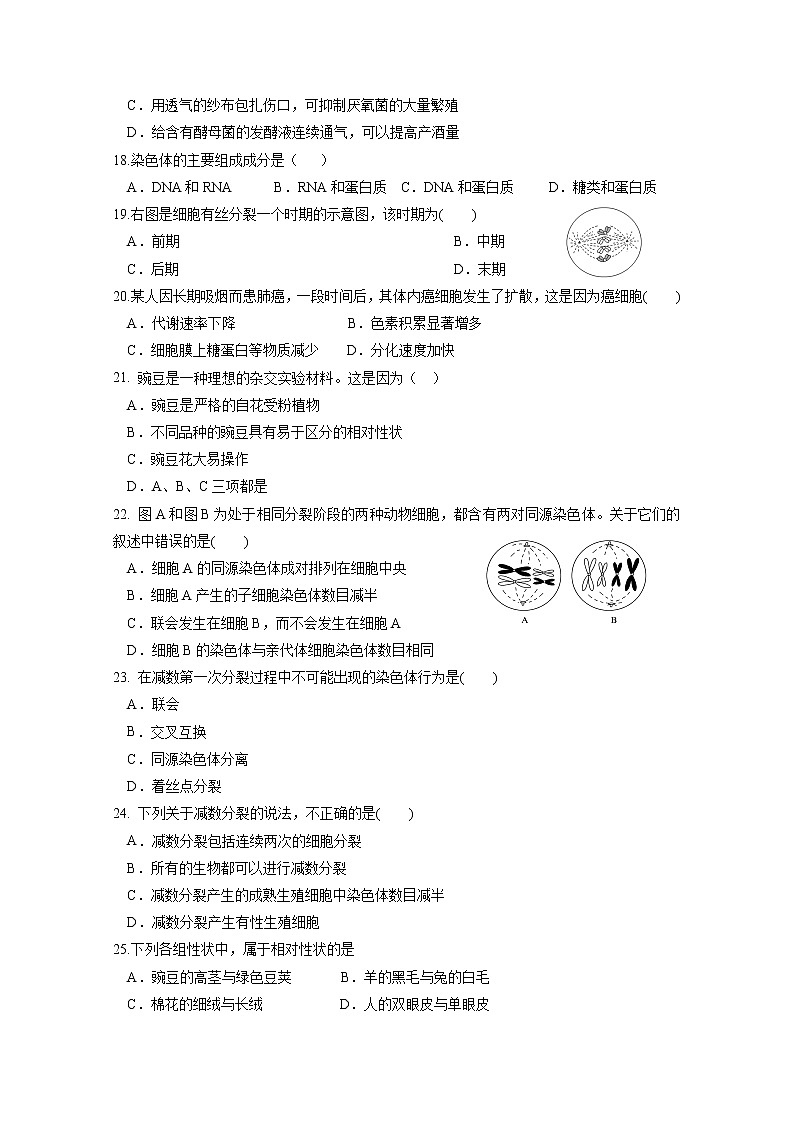 2020淮安涟水县一中高一下学期期初测试生物试题含答案第3页