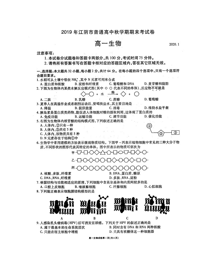 2109无锡江阴-高一上学期期末考试生物试题扫描版含答案01