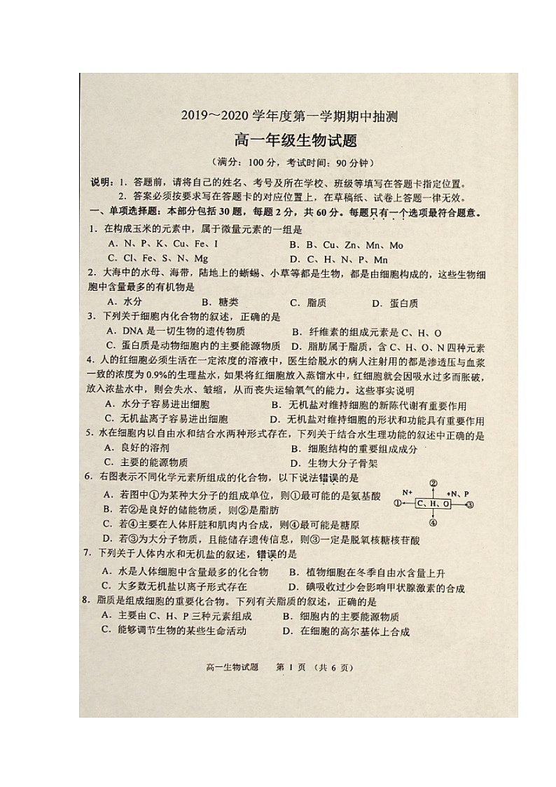 2020徐州丰县中学高一上学期期中考试生物试题扫描版含答案第1页