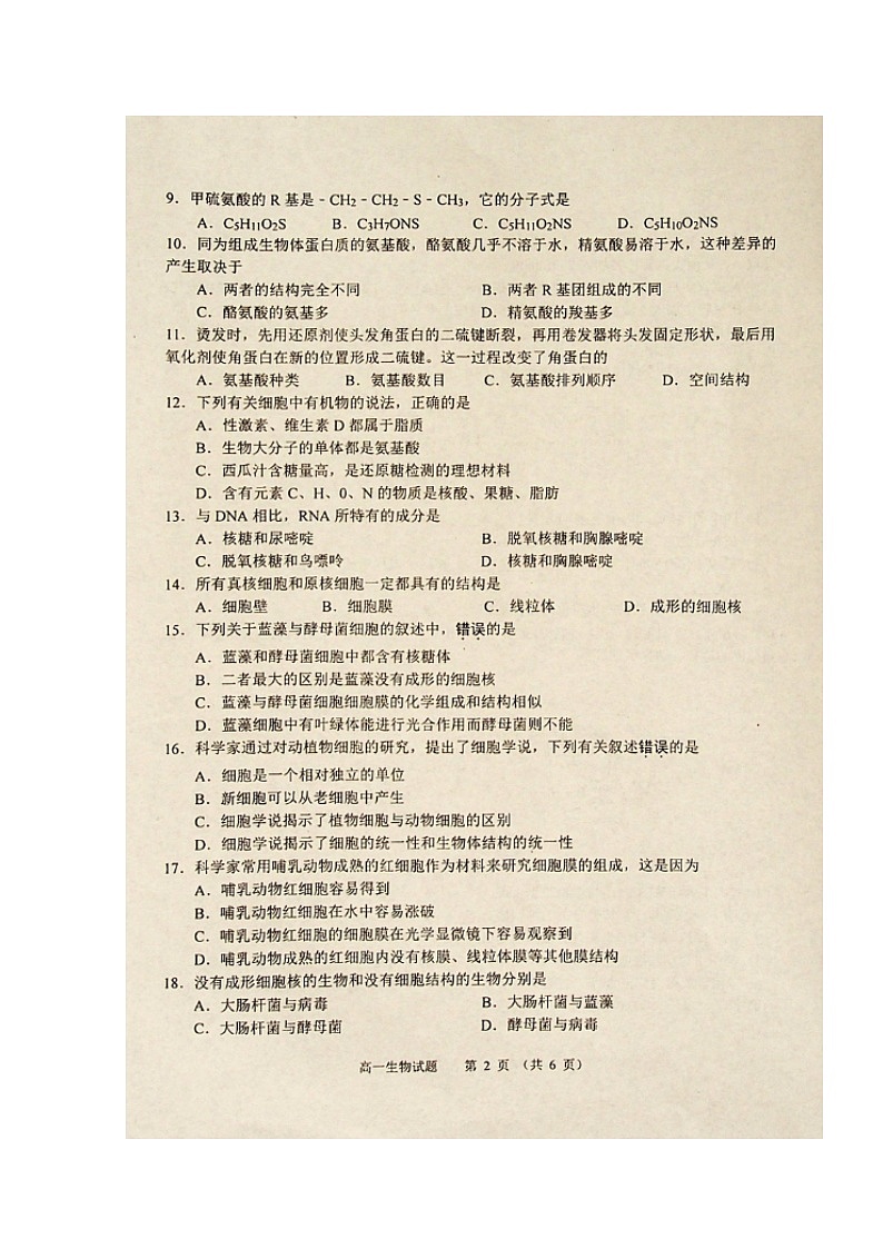 2020徐州丰县中学高一上学期期中考试生物试题扫描版含答案第2页