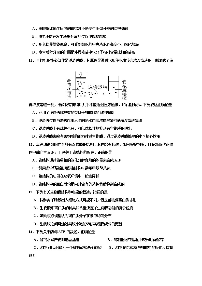 2020滨州行知中学高一上学期期末模拟（一）生物试题含答案03