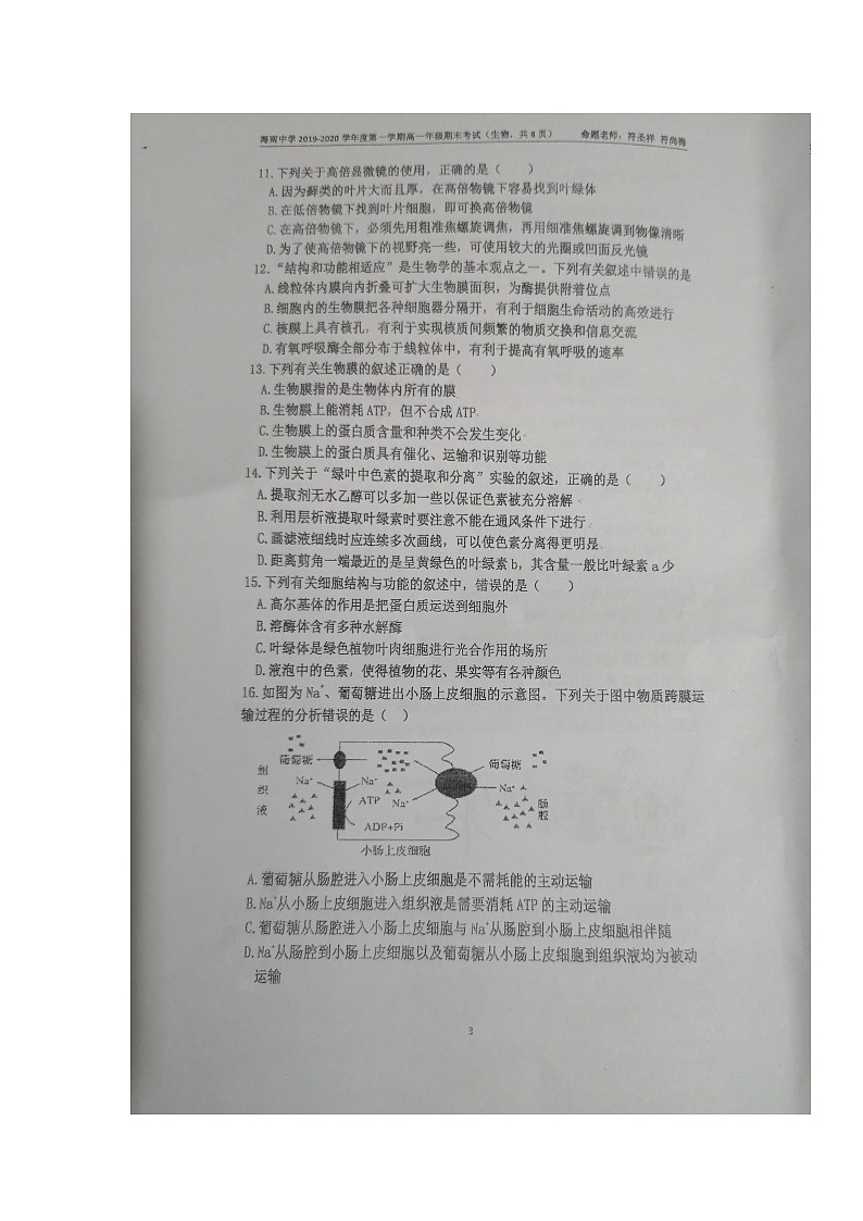 2020海南省海南中学高一上学期期末考试生物试题扫描版缺答案第3页