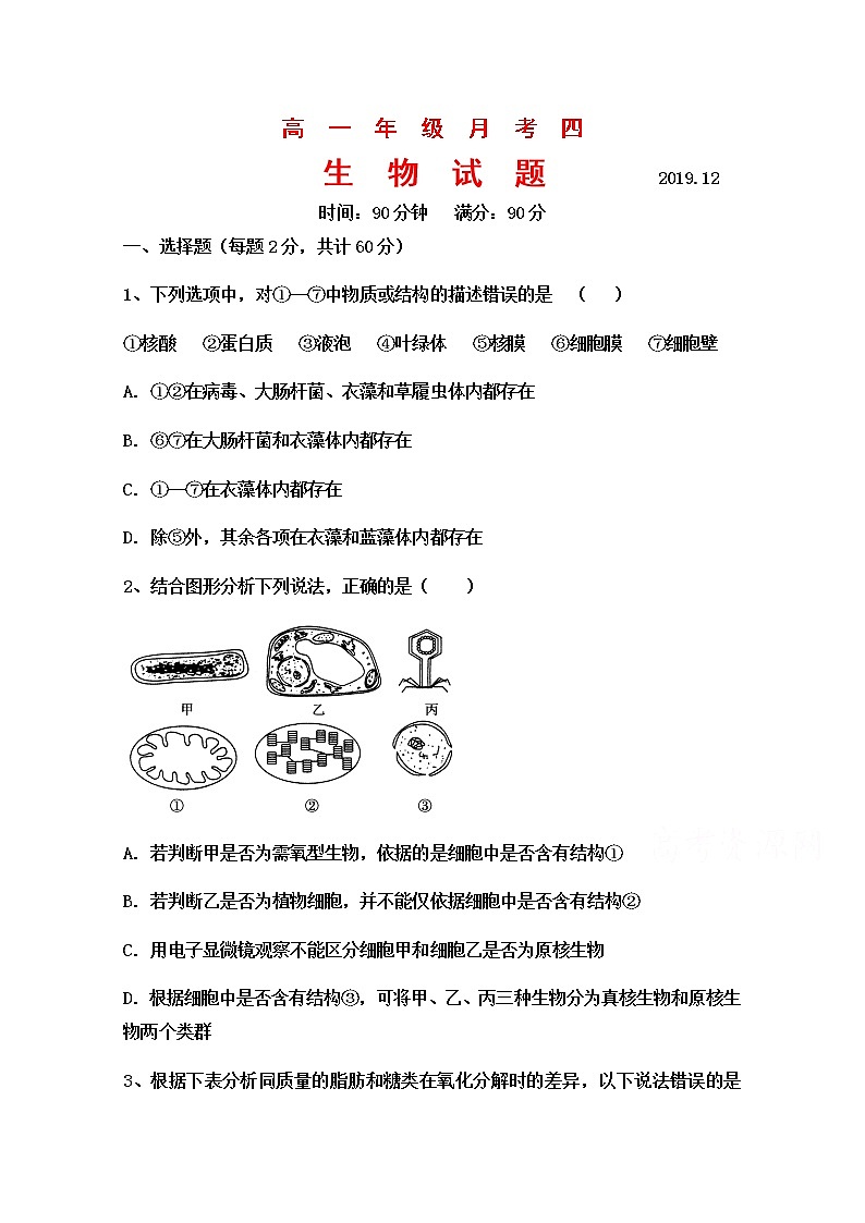 2020应县一中校（又：朔州外国语学校）高一上学期第四次月考生物试题含答案第1页