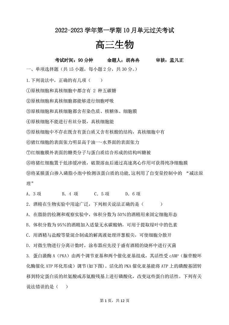 2023山东滕州一中高三上学期10月月考生物试题PDF版含答案01